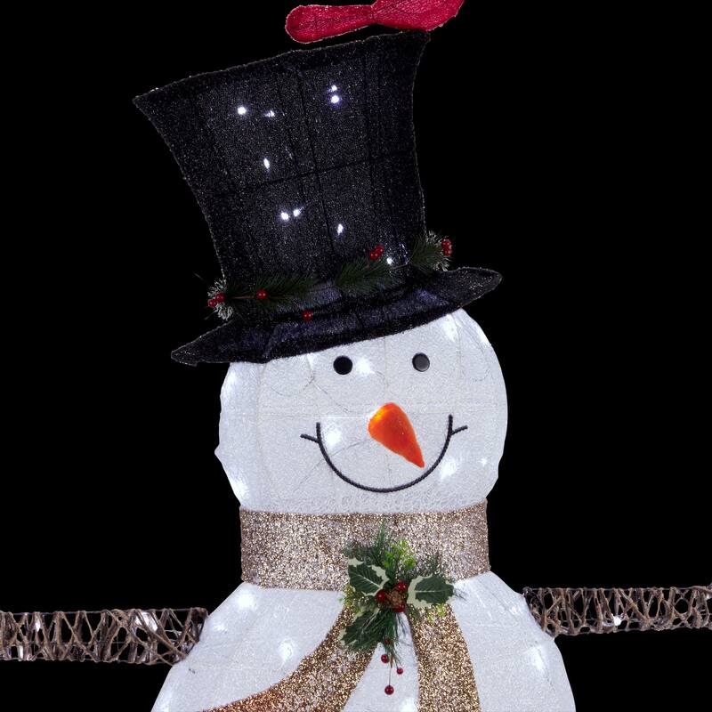 Alpine Corporation Mesh Snowman Decoration with Bird Accents and LED Lights - White