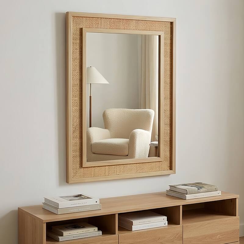 Rattan Rectangle Solid Wood Frame Decorative Mirror