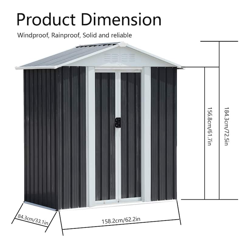 5x3 ft Grey Sliding Door Garden Shed for Outdoors Storage Apex Roof Design