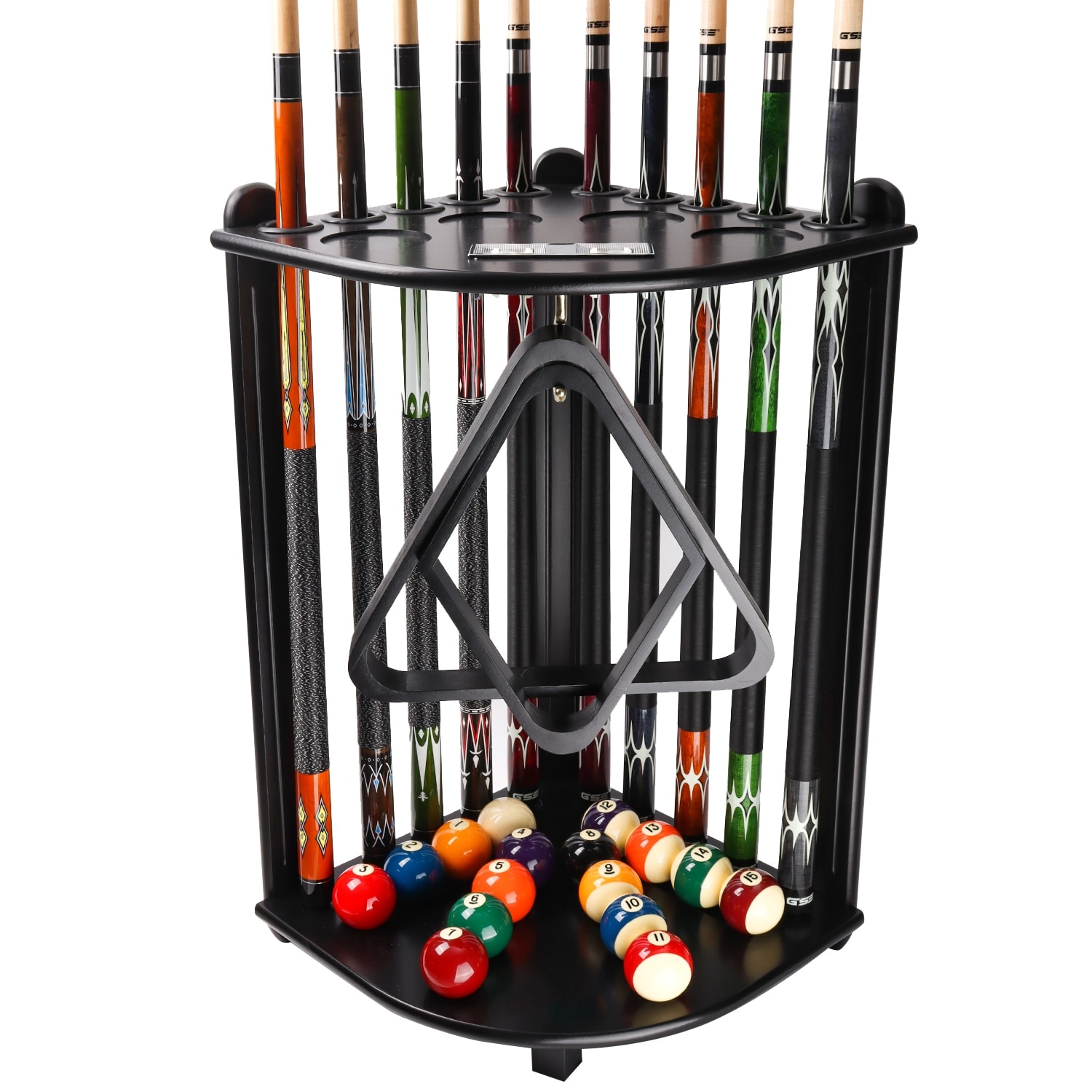 GSE™ 10-Pool Cue Wooden Corner-Style Billiard Pool Cue Rack. Floor Stand Pool Cue Stick Holder