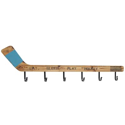 Wood Hockey Stick 6 Hangers Wall Hook - Brown - Roche River Decor - 2"W x 40"L x 11"H