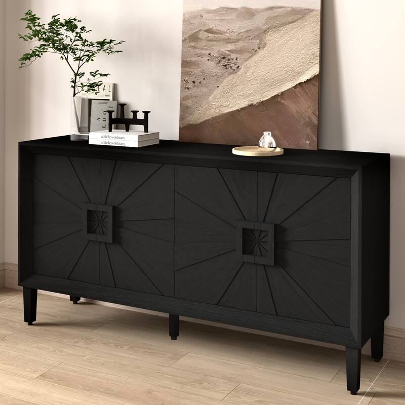 Rustic American Farmhouse Credenza - Symmetrical Sunburst Door Design,TV Stand with Adjustable Shelves, Storage Cabinet