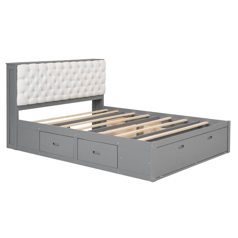 Gray Queen Size Storage Platform Bed with Headboard, 4 Drawers & Shoe Rack