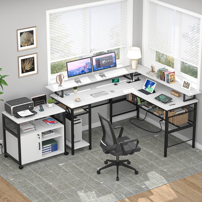 L Shape Computer Desk Reversible Gaming Desk with Charge Station and LED Light