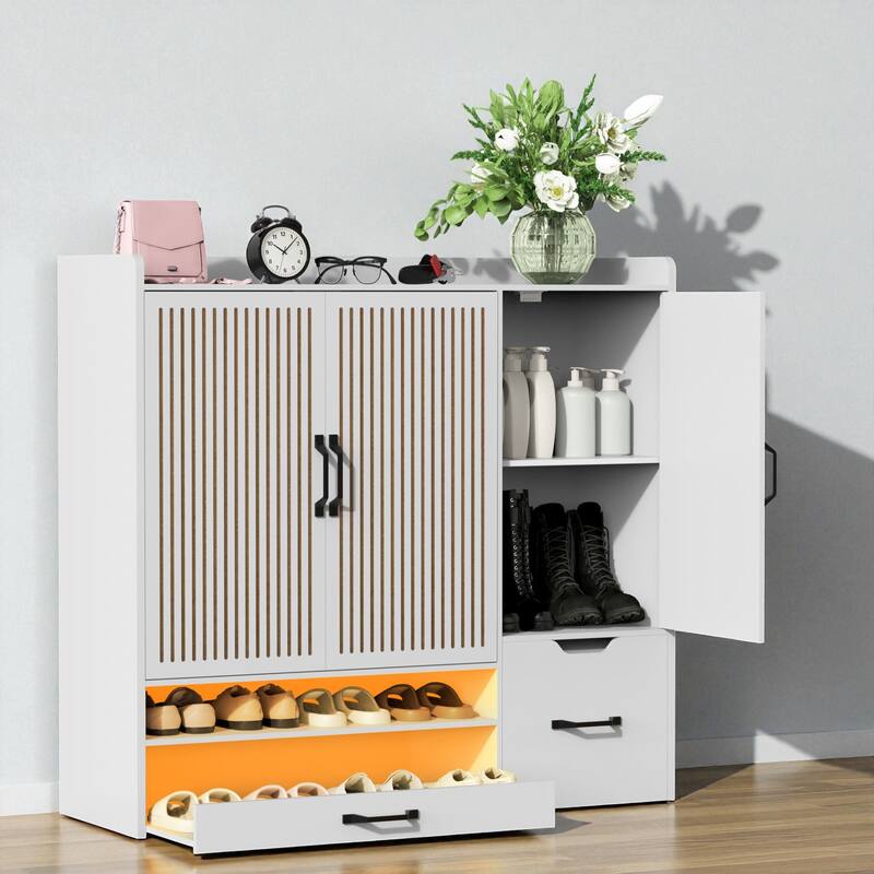 Modern Shoe Storage Cabinet with Stool, Adjustable Shelves & Pull-Out Drawer, Space-Saving Organizer for Entryway