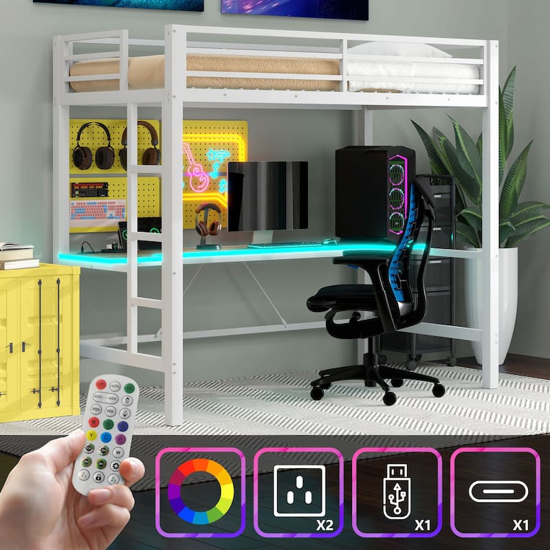 Metal Twin Size Loft Bed with Desk and Stairs, Heavy Duty Loft Bed Frame with LED Lights and USB Charge Station for Bedroom