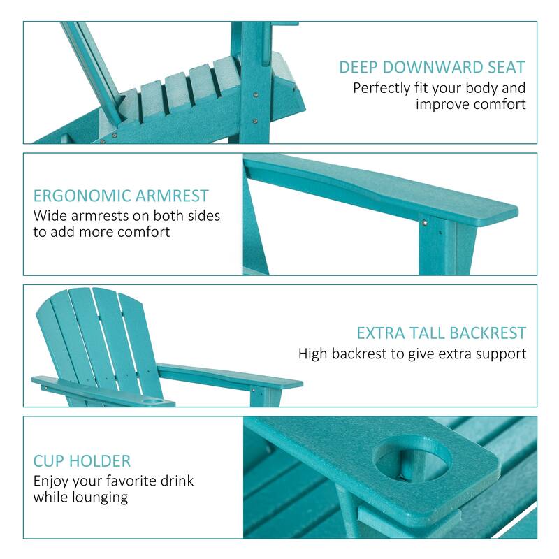 Hdpe All-Weather Outdoor Adirondack Chair With Cup Holder, Fire Pit Chair For Backyard, Deck, Lawn, Garden