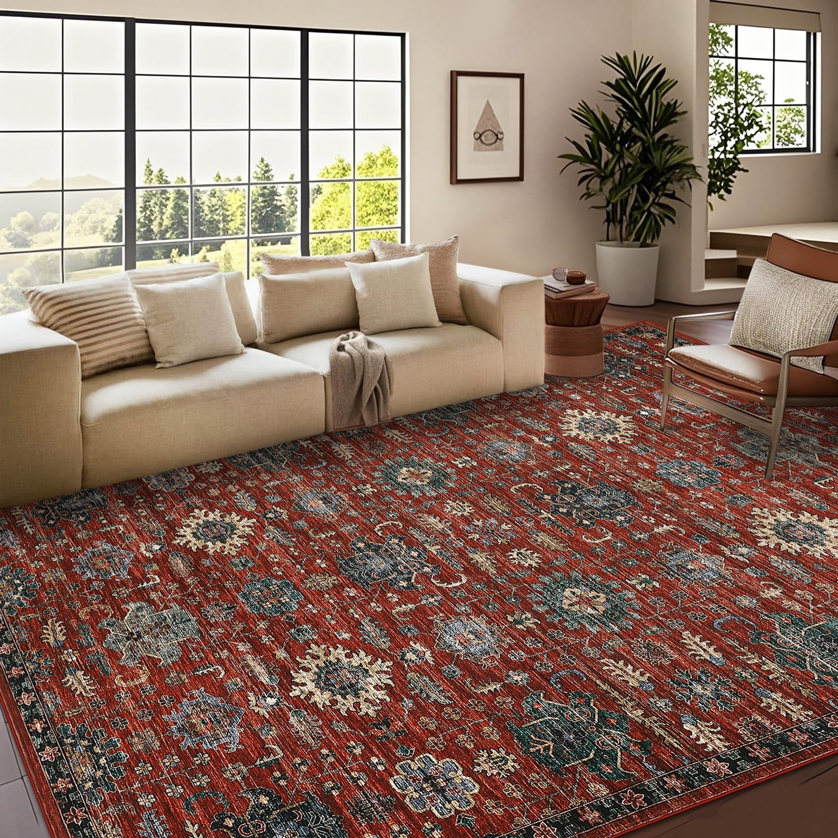 Traditional Floral Area Rug Soft Vintage Oriental Non Slip Floor Carpet for Bedroom Living Room