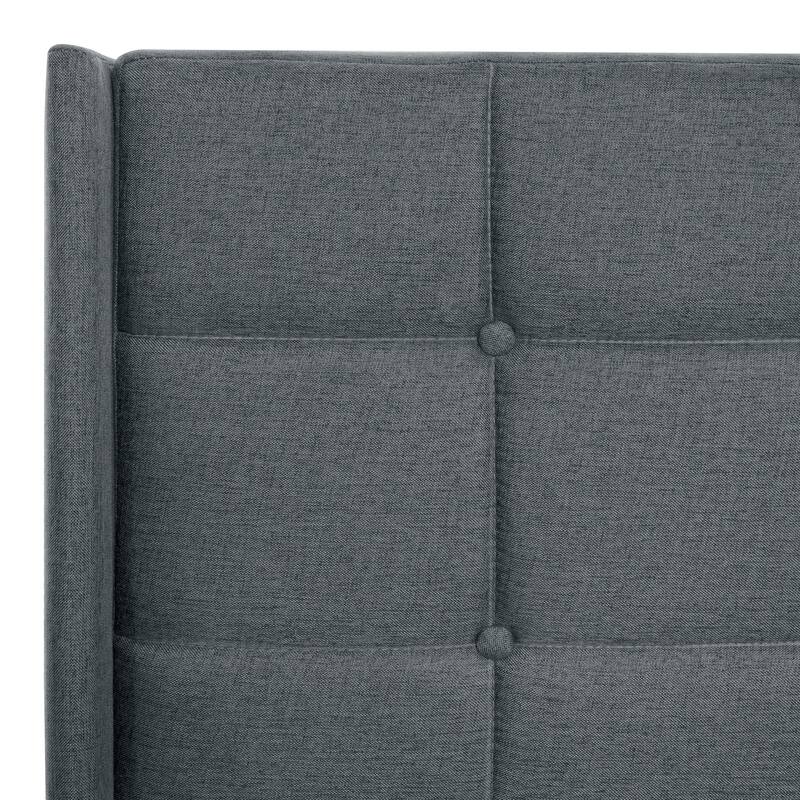 Dark Grey Queen Size Upholstered Platform Bed with Linen Headboard