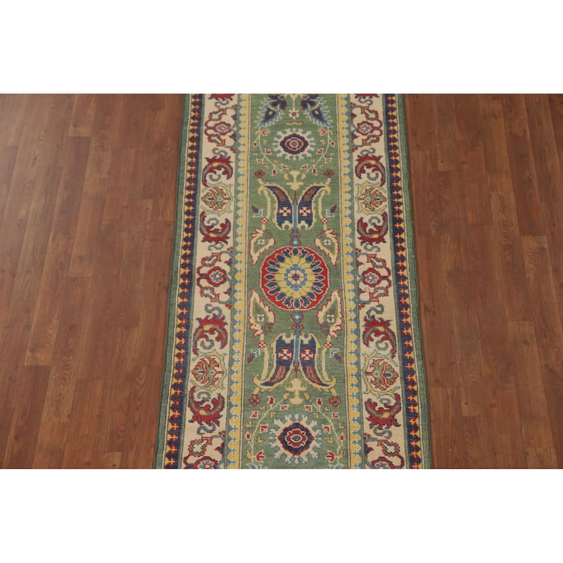Green Floral Kazak Runner Rug Hand-Knotted Wool Carpet - 2'8" x 9'7"