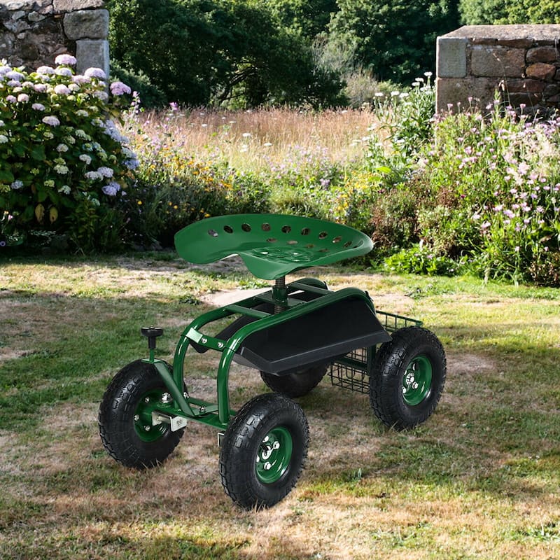 Gymax Rolling Garden Cart Scooter w/ Adjustable Seat Storage Basket