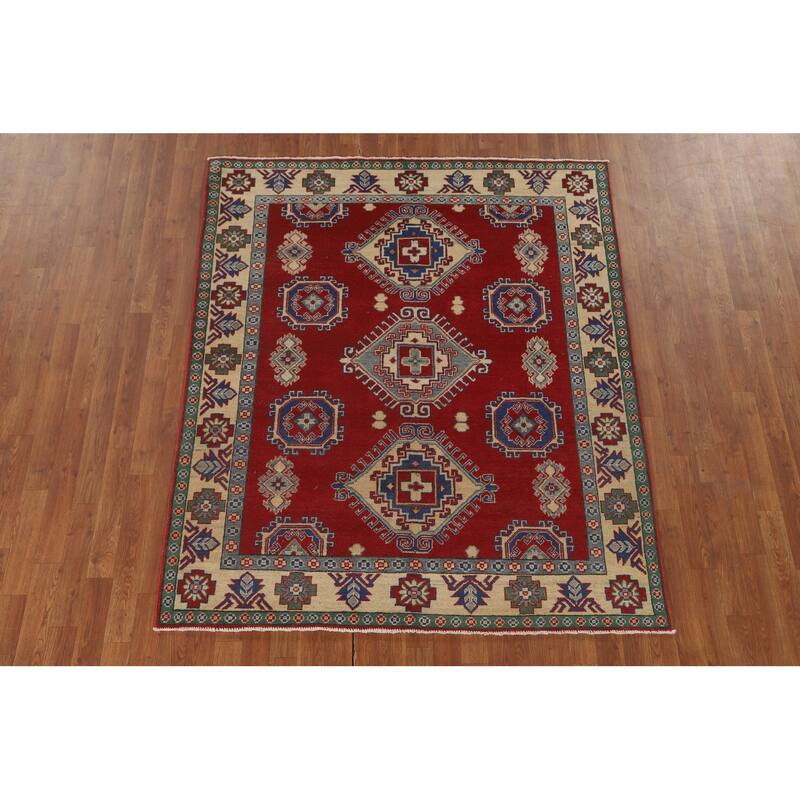 Red Geometric Kazak Area Rug Hand-Knotted Oriental Wool Carpet - 5'5" x 6'5"