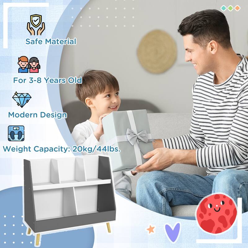 Kids Bookcase Toy Shelf,2 Tier Toddlers Toy Storage Shelf with 5 Compartments,Anti-tip Device,Pine Wood Legs
