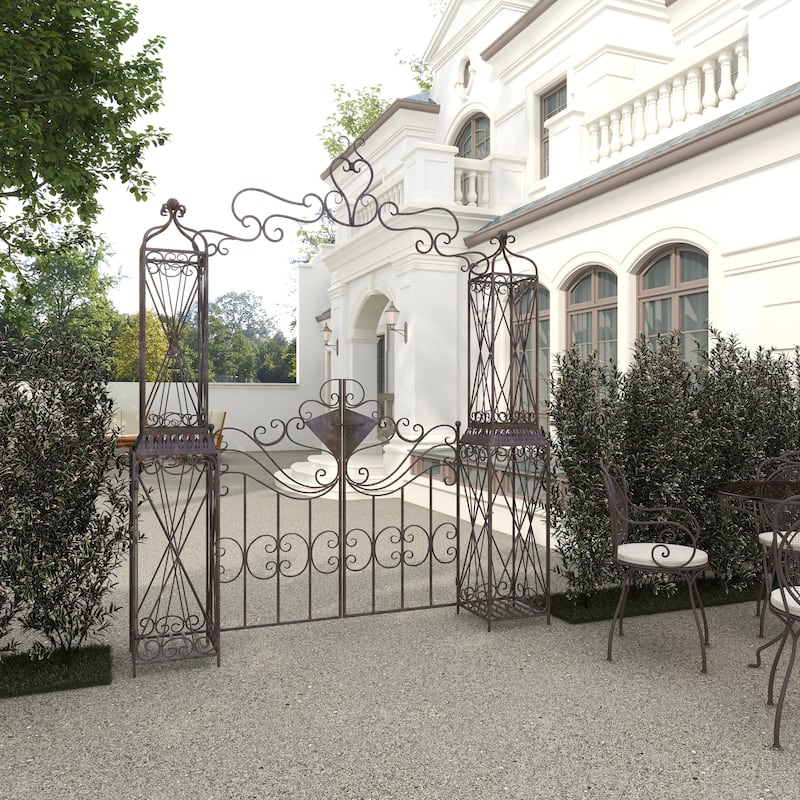 Metal Indoor Outdoor Scrollwork Arched Gate Garden Arbor with Pillars and Latch Lock Closure - Black - Roche River Decor