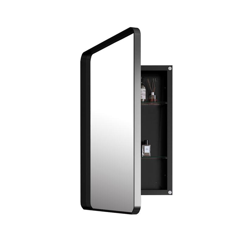 Recessed Black Metal Framed Medicine Cabinet with Mirror, Adjustable Shelves, Wall Mirror Storage for Bathroom