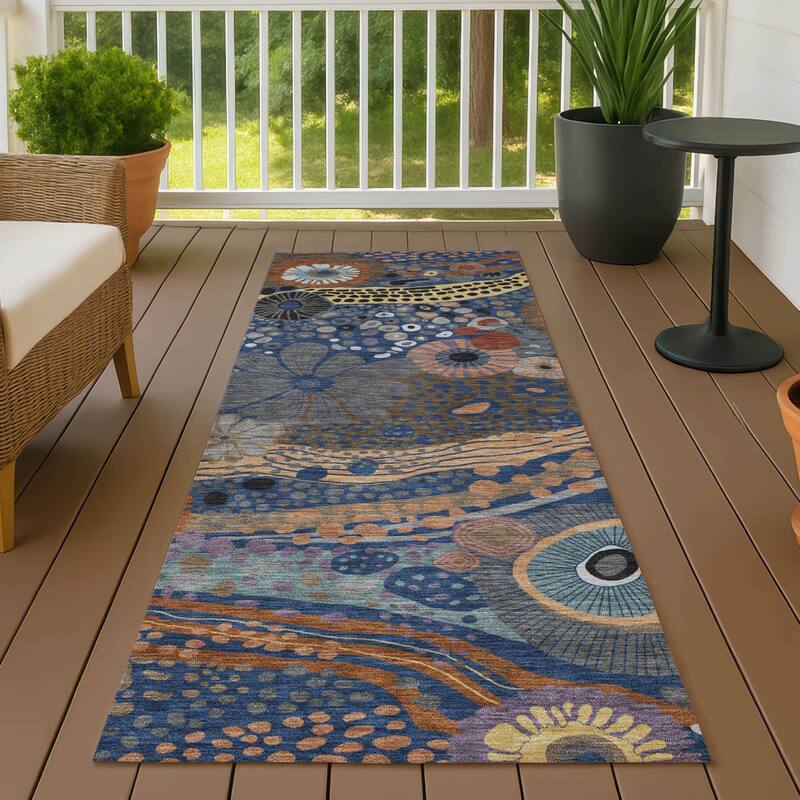 Machine Washable Indoor/ Outdoor Whimsy Floral Chantille Rug - Navy - 2'3" x 7'6"
