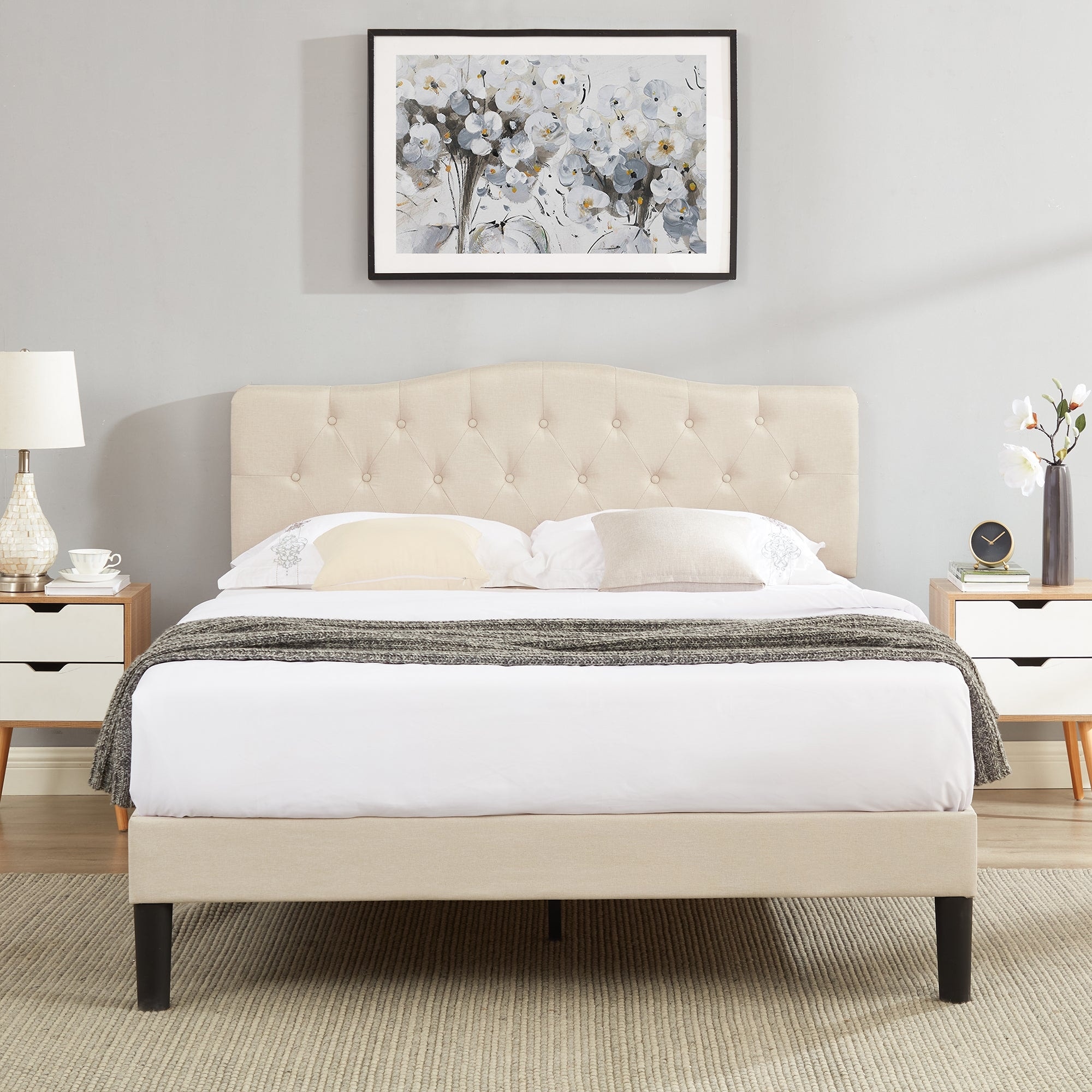 VECELO Adjustable Height Upholstered Platform Bed with Tufted Headboard Sturdy Wood Slats Noise-Free Design No Box Spring Needed