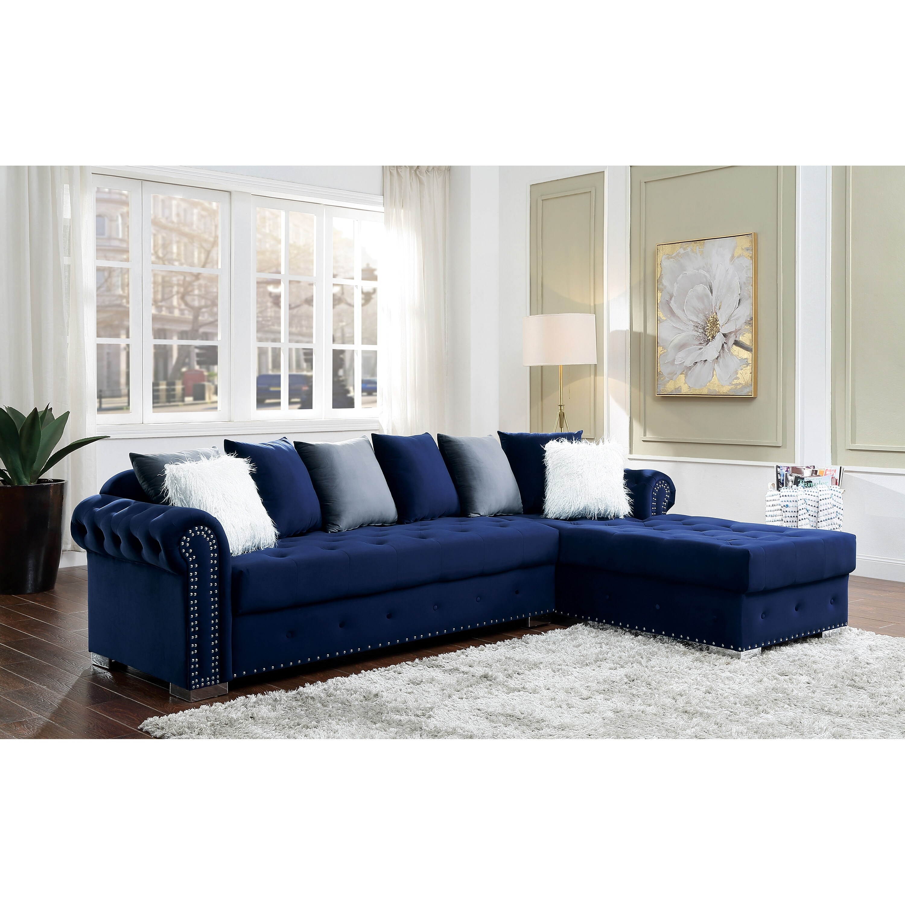 Blueforn Glam Fabric Nailhead Trim Button Tufted Sectional by Furniture of America On Sale Bed Bath Beyond 33810404