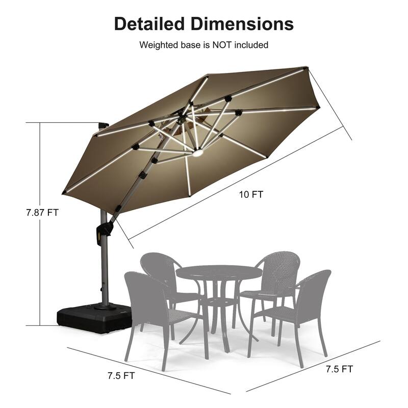 PURPLE LEAF 10 ft Double Top LED Round Patio Cantilever Umbrella with Base