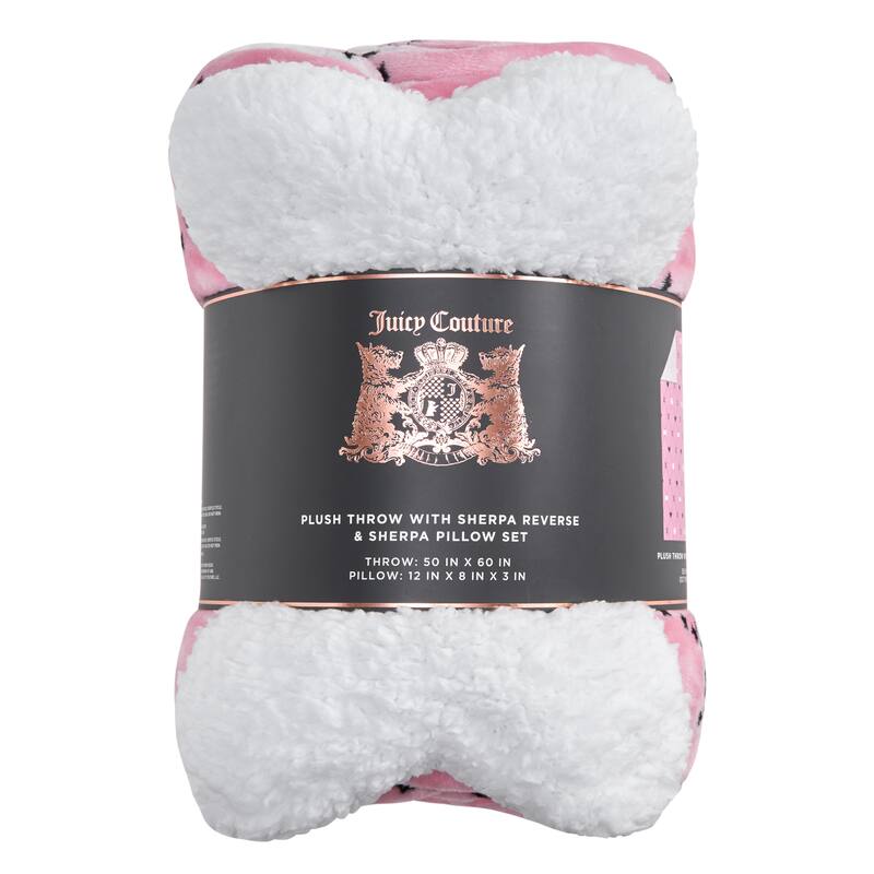 Juicy Couture Paw & Heart Plush Throw and Sherpa Bone Pillow