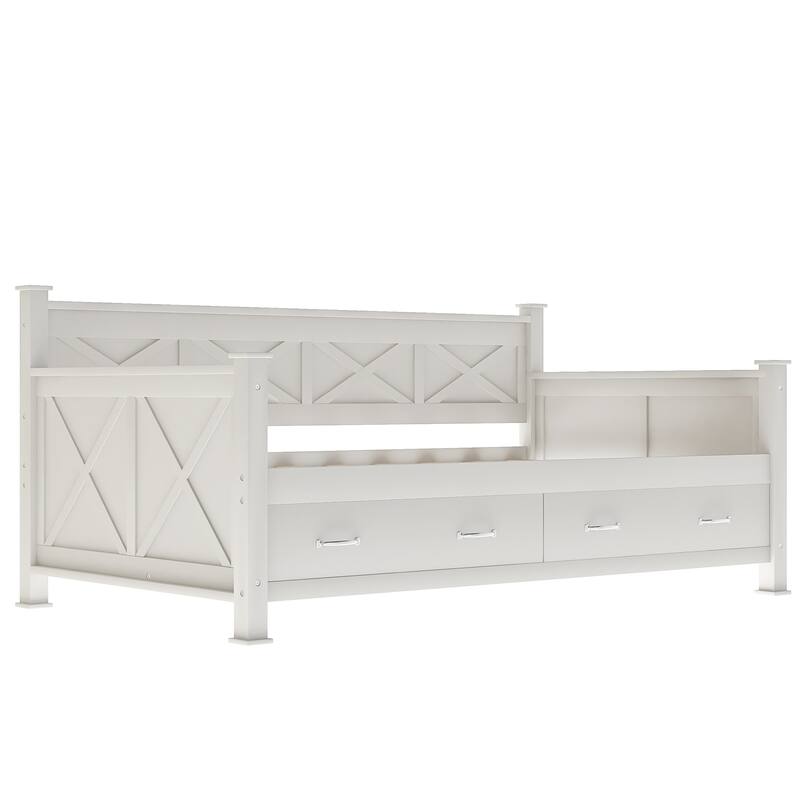 Twin Size Daybed with X-shaped Pattern & 2 Storage Drawers, Cream White