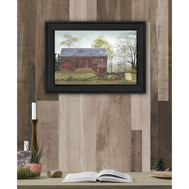 TrendyDecor4U Farmhouse "Flower Wagon" Framed Print Wall Art by Billy Jacobs - Red, White, Green, Brown, Yellow, Earth Tones