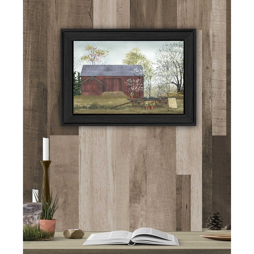 TrendyDecor4U Farmhouse "Flower Wagon" Framed Print Wall Art by Billy Jacobs - Red, White, Green, Brown, Yellow, Earth Tones