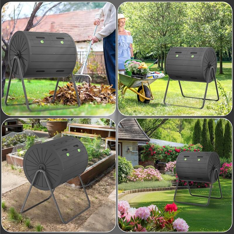 Dual Chamber Tumbling Composter, 43 Gallon Outdoor Tumbling Composter, Rotating Design with Renovate Doors and Steel Frame