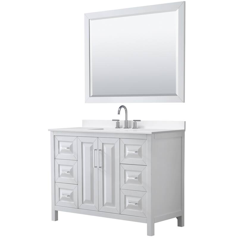 Daria 48-inch Single Vanity, 3 Hole Quartz Top, 46-inch Mirror - White, Chrome Trim, White Quartz Top
