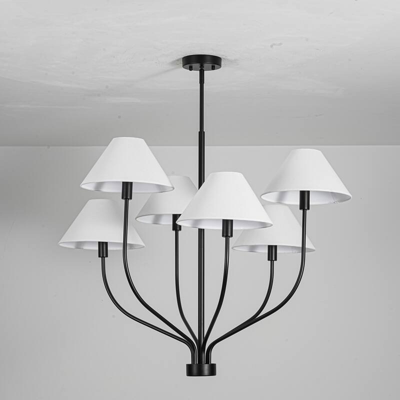 6-Light Modern Gold/Matte Black Sputnik Staggered Large Chandelier with Cone White Fabric Shade