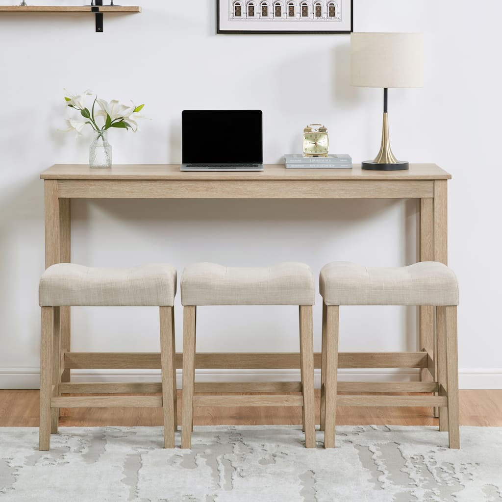 4 Piece Farmhouse Bar, Table Set with Power Outlet, Dining Table Set w/3 Upholstered Stools, Wood Console Table Set for Kitchen