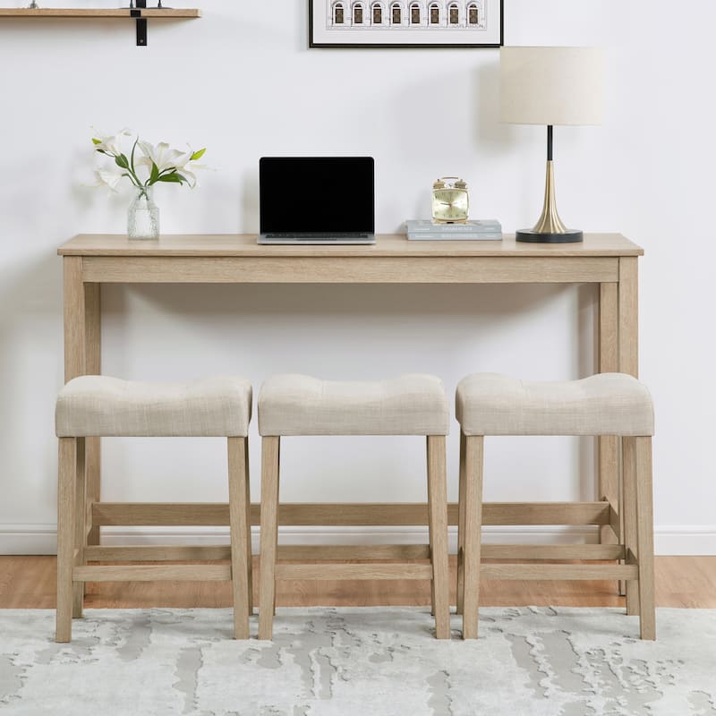 4 Piece Farmhouse Bar, Table Set with Power Outlet, Dining Table Set w/3 Upholstered Stools, Wood Console Table Set for Kitchen - Light Oak+Natural