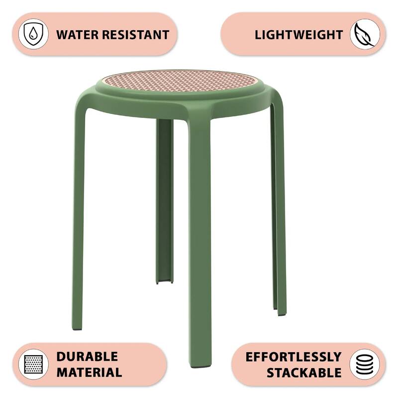 Tresse All-Weather Round Stackable Dining Stool with Wicker-Style Seat for Indoor, Outdoor, Patio, and Kitchen Set of 2