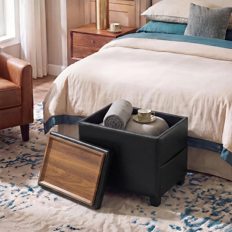 Adeco 16" W Upholstered Rectangle Storage Ottoman with Tray and Pocket