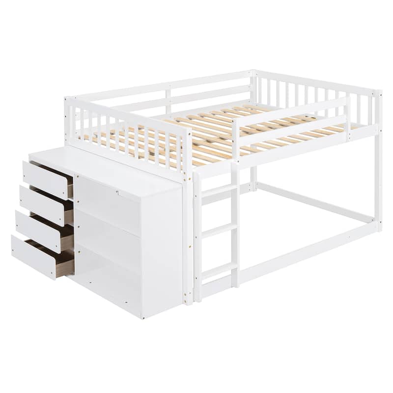 Full Over Full Bunk Bed with 4 Drawers and 3 Shelves in Solid Pine