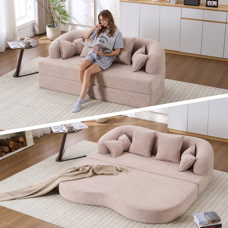 Anmytek 2-in-1 Foldable Convertible Sleeper Sofa Bed 70 Inch with 4 Pillows - Apricot