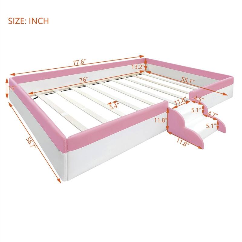 Upholstered Daybed with Fence and Stairs for Kids, Twin/Full/Queen/King Size Floor Montessori Bed with Slats Support
