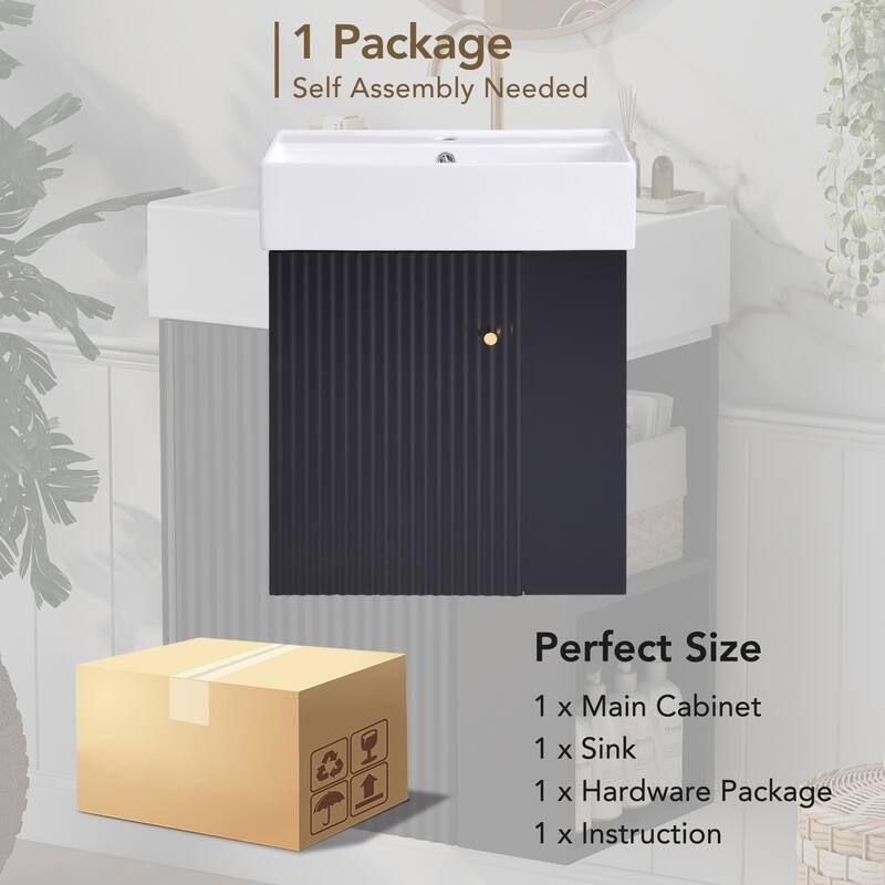 21.6 inch Floating Bathroom Vanity with Ceramic Basin - Perfect for Small Bathrooms, Right side storage