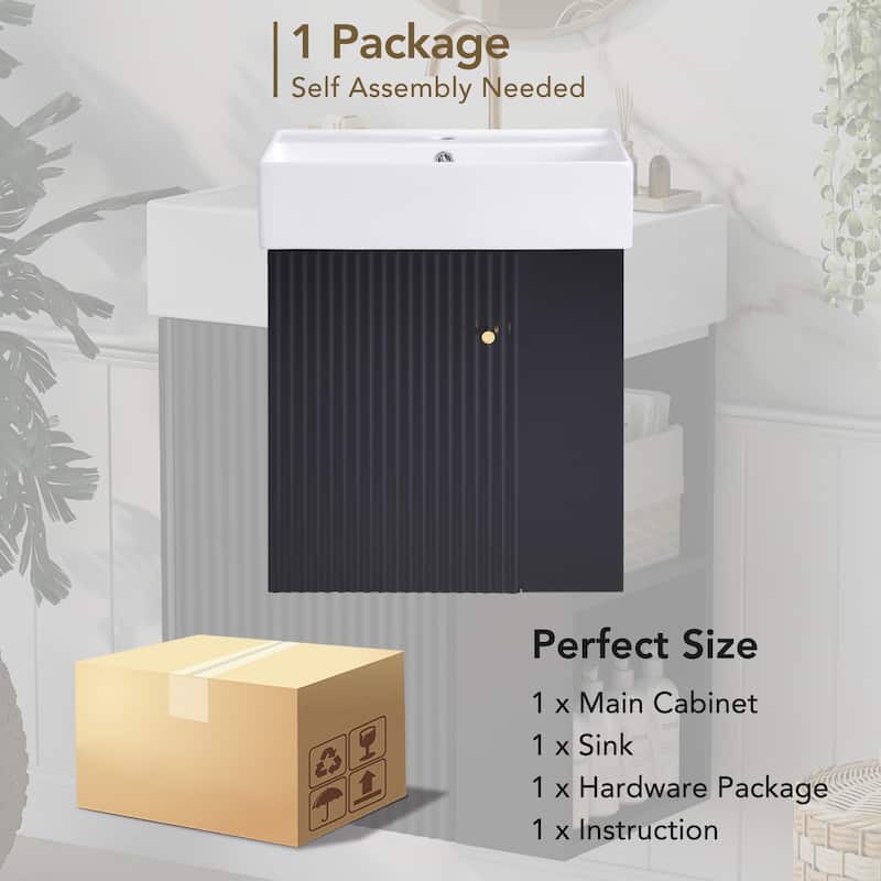 Floating Bathroom Vanity with Ceramic Sink, Wall Mounted Bathroom Vanity, Bathroom Cabinet with Door & Right Side Shelf