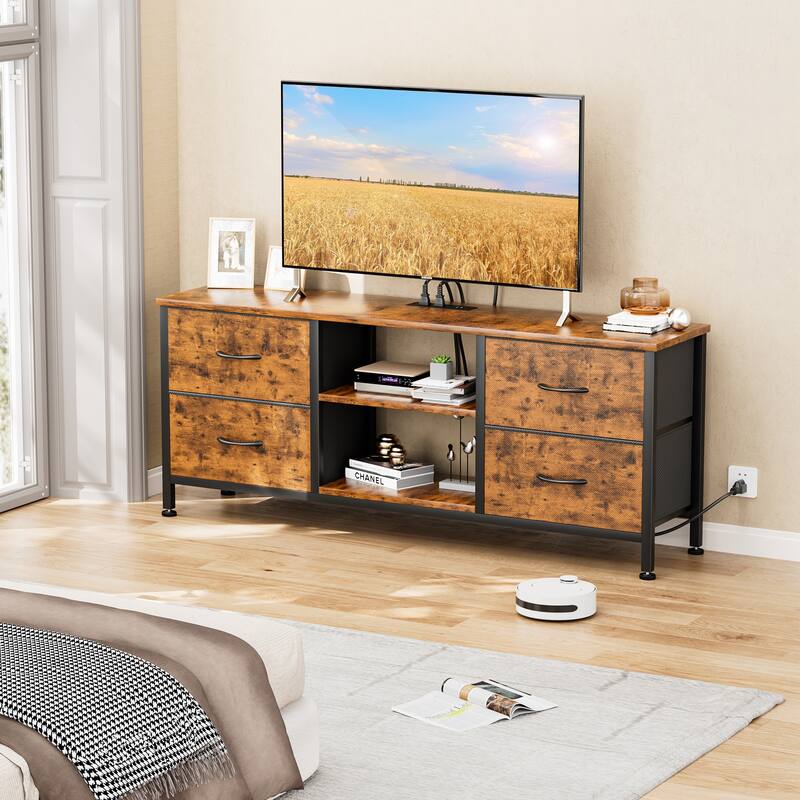 4 Drawer Dresser Fabric TV Stand Charging Station Chests of Drawers - Rustic Brown - 4-drawer