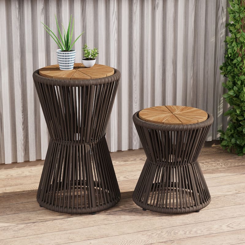 Scott Living - Nara Modern Outdoor Acacia Wood and Woven Rope Sculptural Side Table, Set of 2 - 32.28"L - Dark Grey,Teak finish
