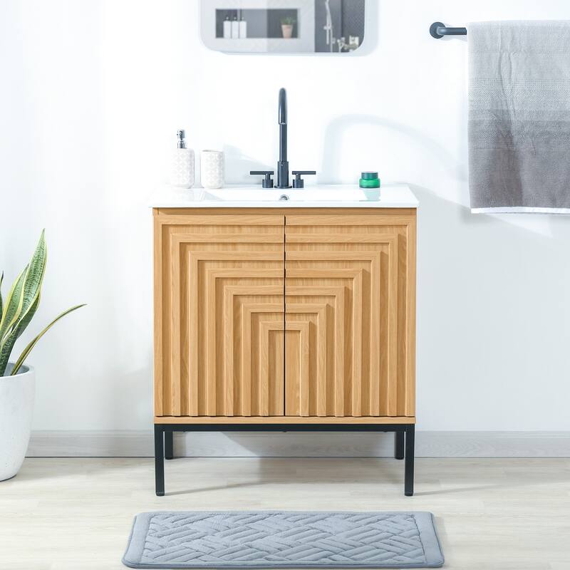 Rowan Geometric Modern Transitional 2-Shelf Bath Vanity Cabinet Only (Sink Basin Not Included), By JONATHAN Y - Oak - 30"W x 18"D x 33"H