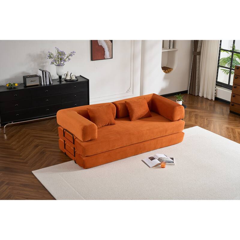 Convertible Sleeper Sofa Bed with Cylindrical Pillow, Corduroy Folding Mattress Couch with Fixed-Shape Frame