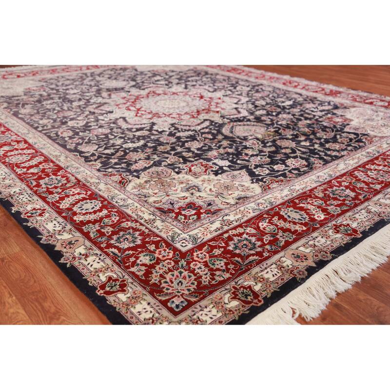 Hand Knotted Oriental Wool & Silk Carpet Traditional Floral Navy Blue & Blues Tabriz Area Rug - 9' 8'' X 7' 10''