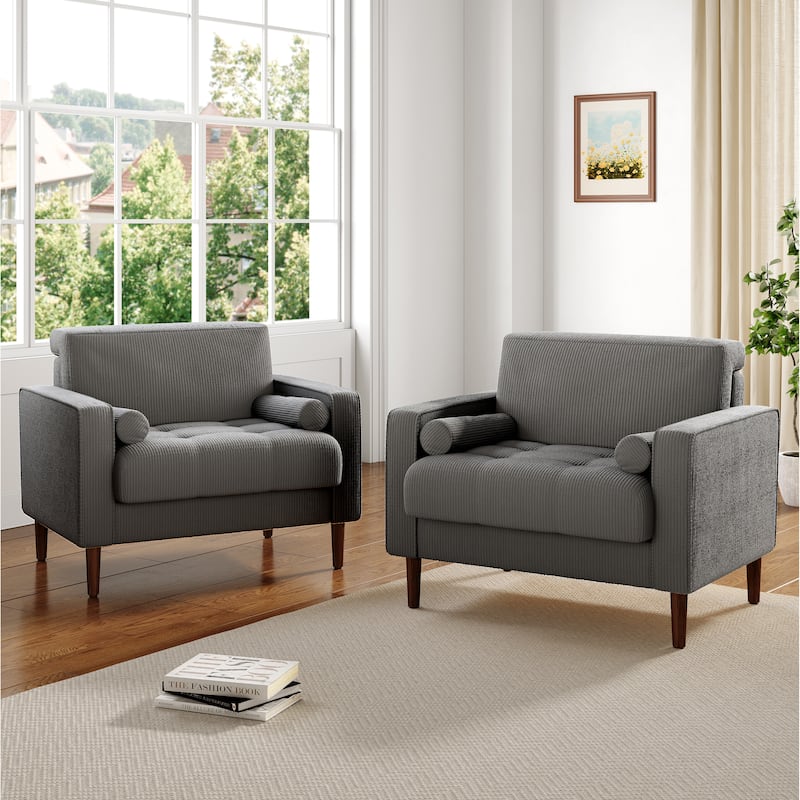 2 Set Modern Wide Armchair Corduroy Accent Chairs - Grey