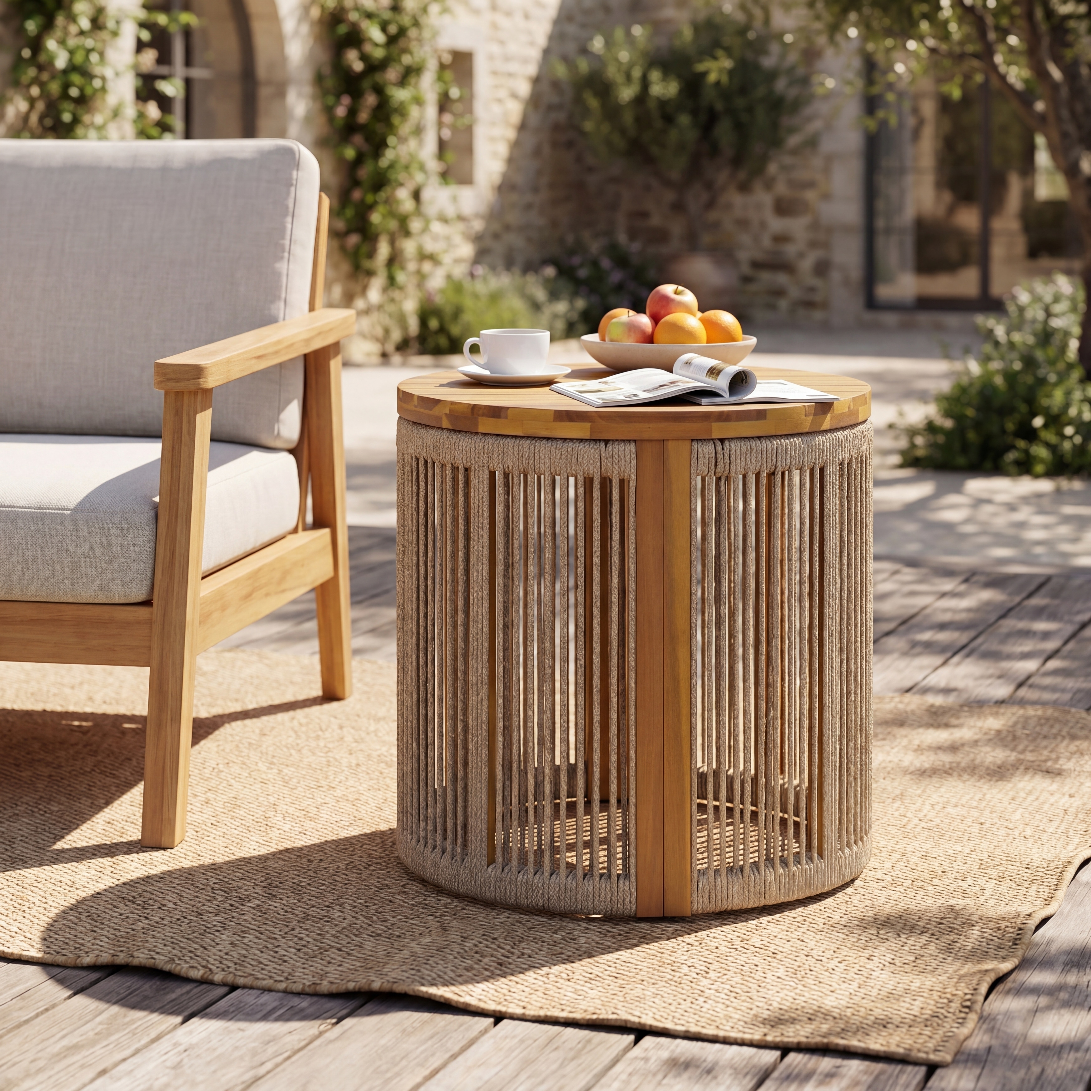 Christopher Knight Home - Side Table Acacia Wood with Handwoven Rope Base, Round Weather-Resistant Design & Teak Finish