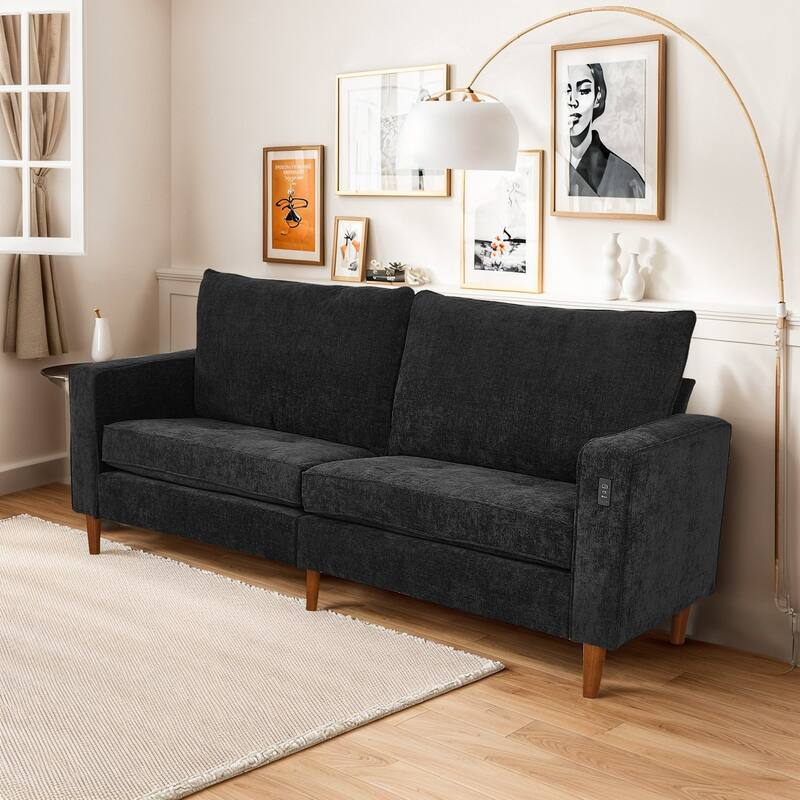 Modern 82 in. Square Arm Chenille Upholstered Rectangle Loveseat Sofa with USB Ports
