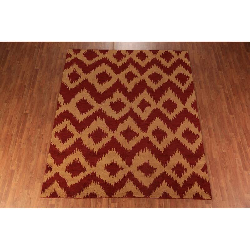 Hand Knotted Oriental 100% Wool Carpet Modern Geometric Red Moroccan Area Rug - 9' 7'' X 7' 11''
