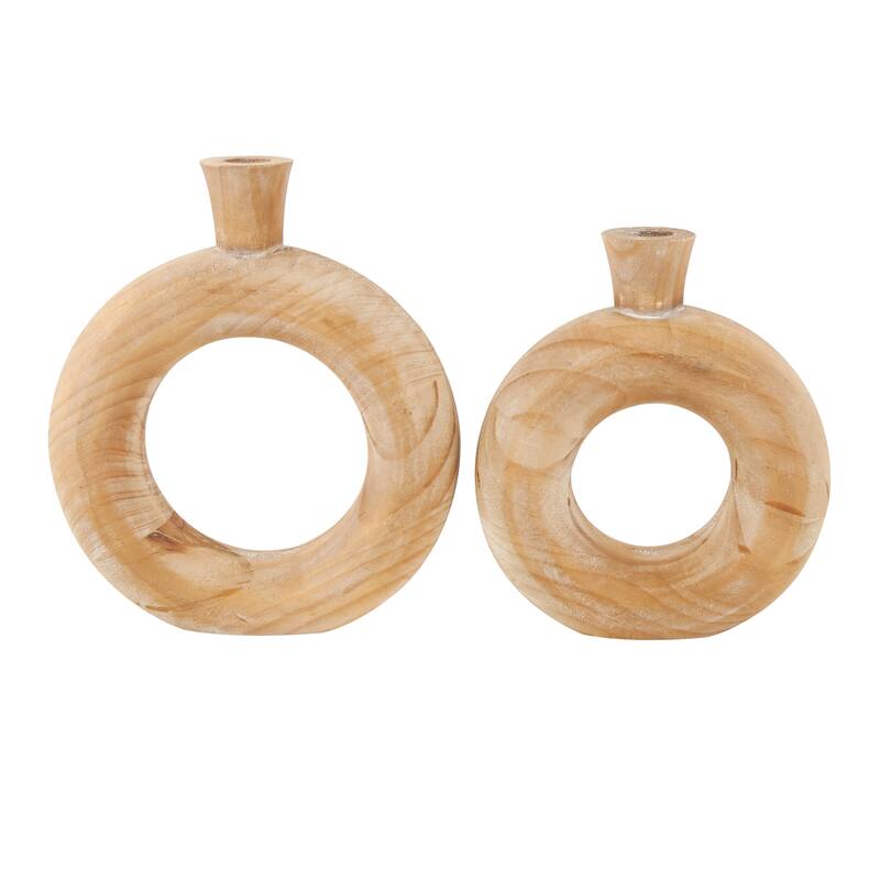 Brown Wood Circular Decorative Vase with Cutout Center (Set of 2)