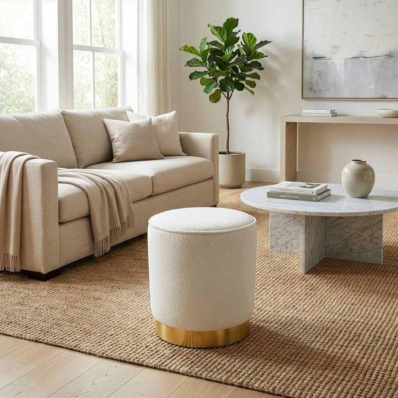 Aysel White Boucle Ottoman with Golden Accent Base
